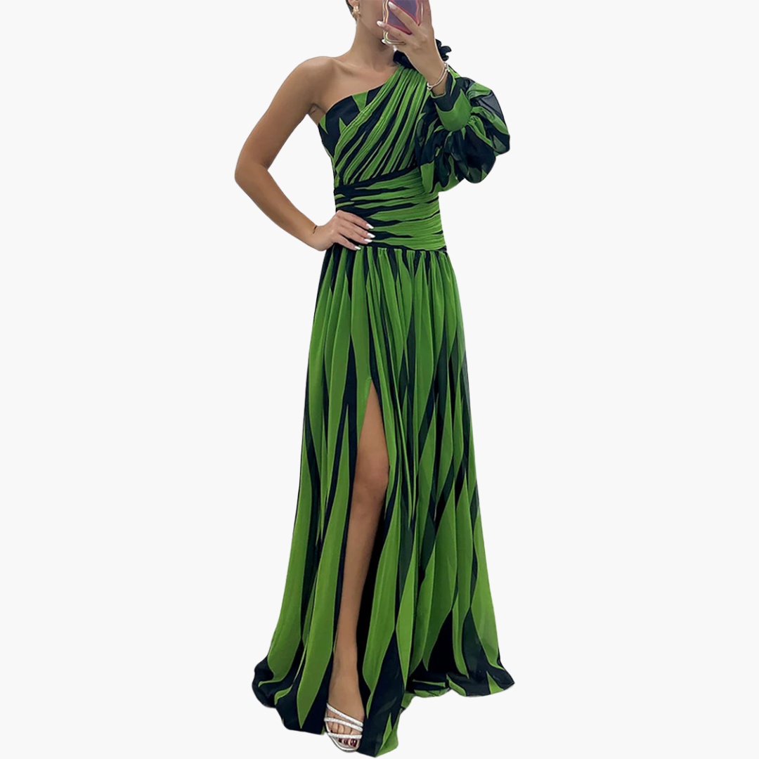 Gabrina – Gestreiftes One-Shoulder Maxikleid für Damen Grün