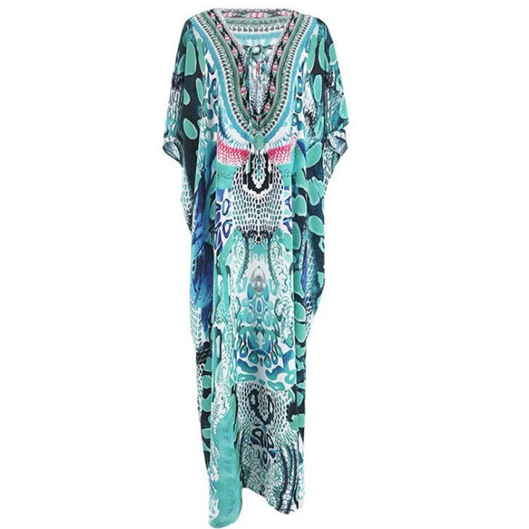 Gia- Damen Maxi Kaftan mit kunstvollem Tierdesign Grüntöne 4-0-cib-0-cib