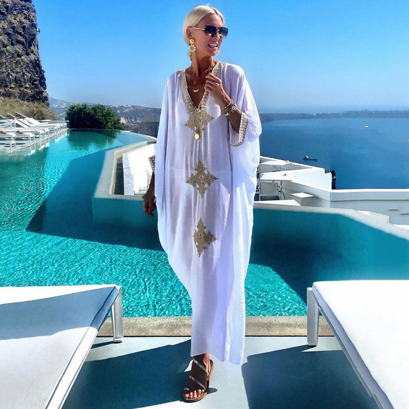 Gisela- Damen Maxi Kaftan mit künstlerischer Bestickung Weiß