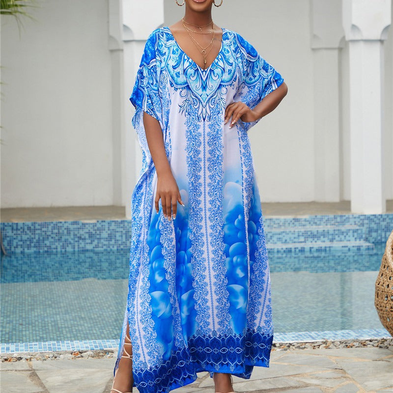 Giselle- Damen Maxi Kaftan mit kunstvollem Azurmuster Weiß 2