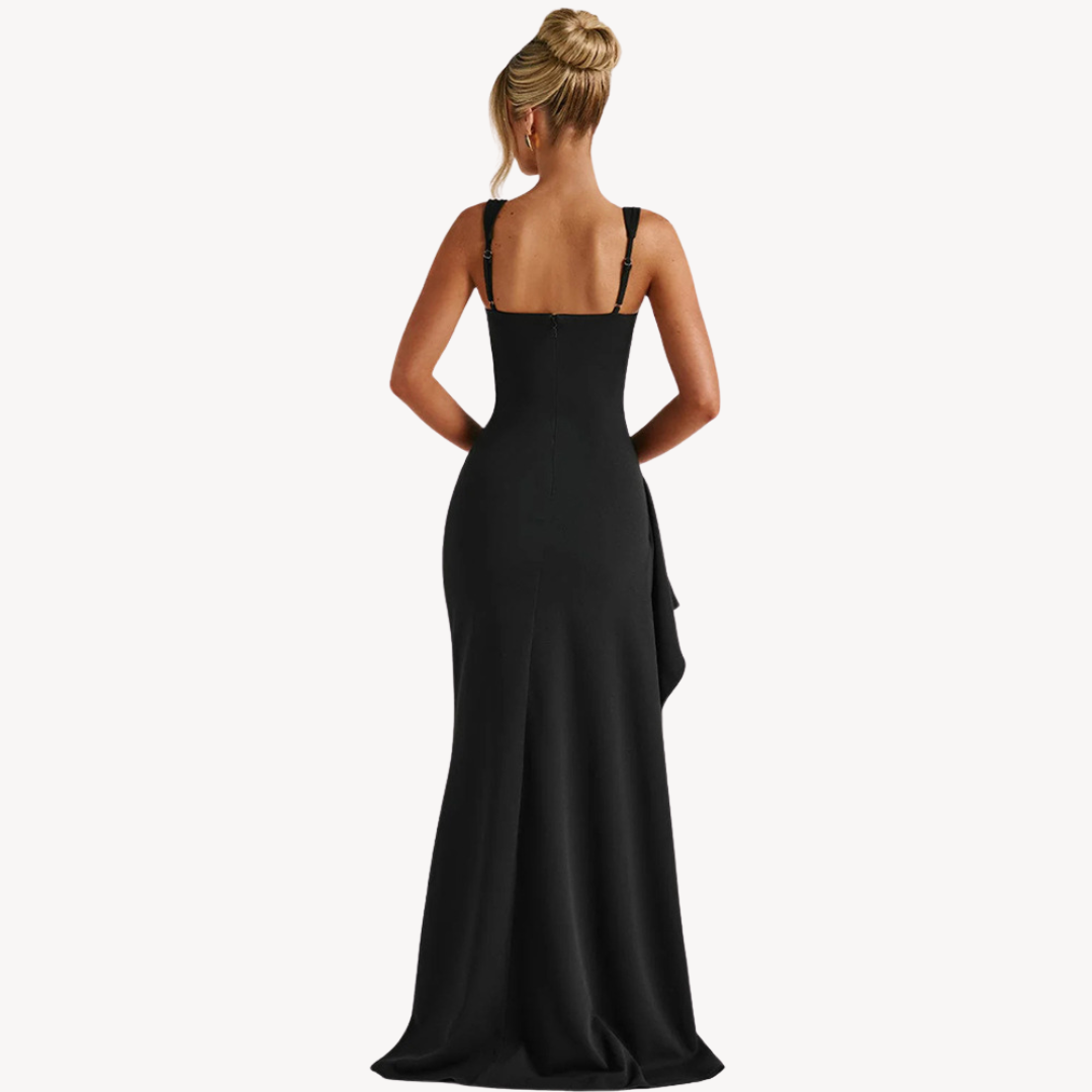Grunhild – Schwarzes Satin-Maxikleid mit Schlitz für Damen Schwarz