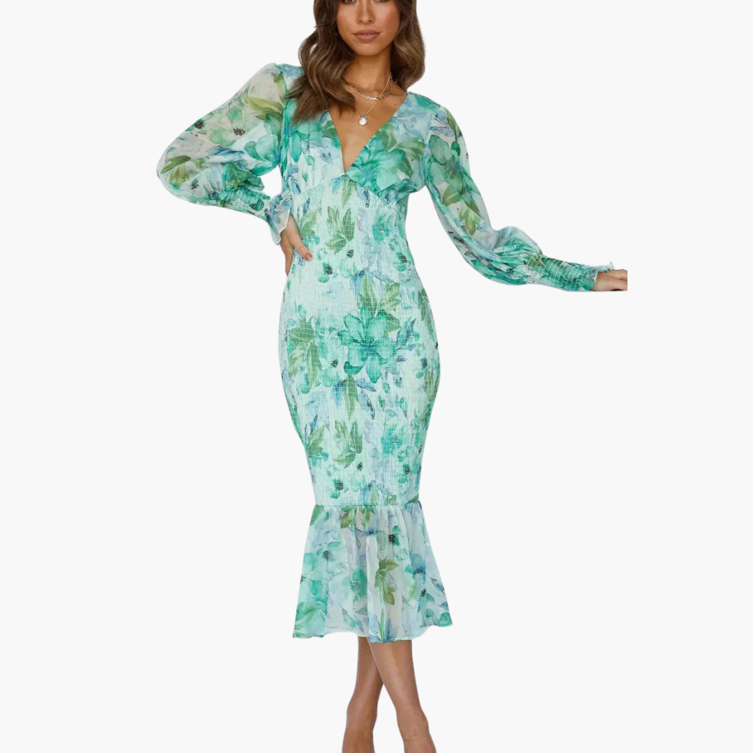 Gunda – Blumen-Midikleid mit Puffärmeln für den Sommer Grün