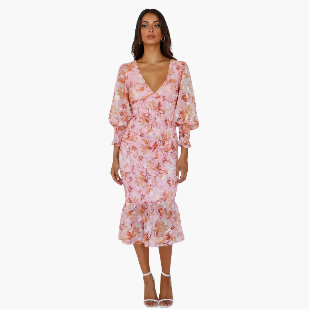 Gunda – Blumen-Midikleid mit Puffärmeln für den Sommer Rosa