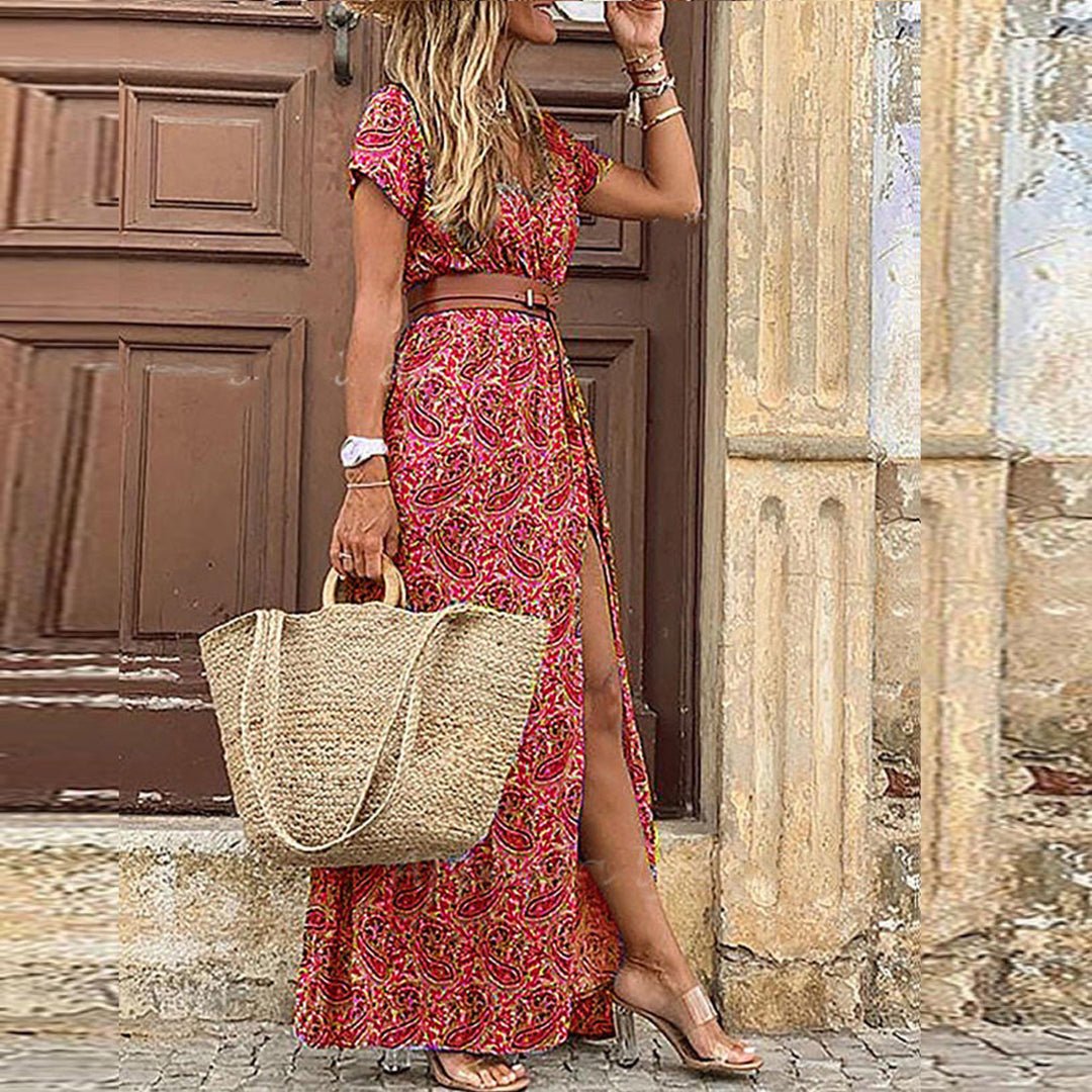 Hazel – Bedrucktes Maxikleid mit Wickelausschnitt Dunkelrot