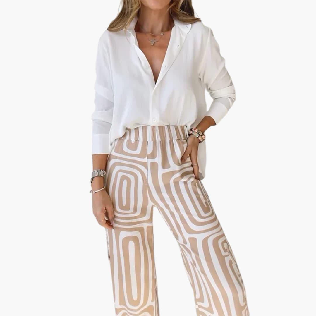 Helene - Damen Weite Hose mit Geometrischem Muster Khaki
