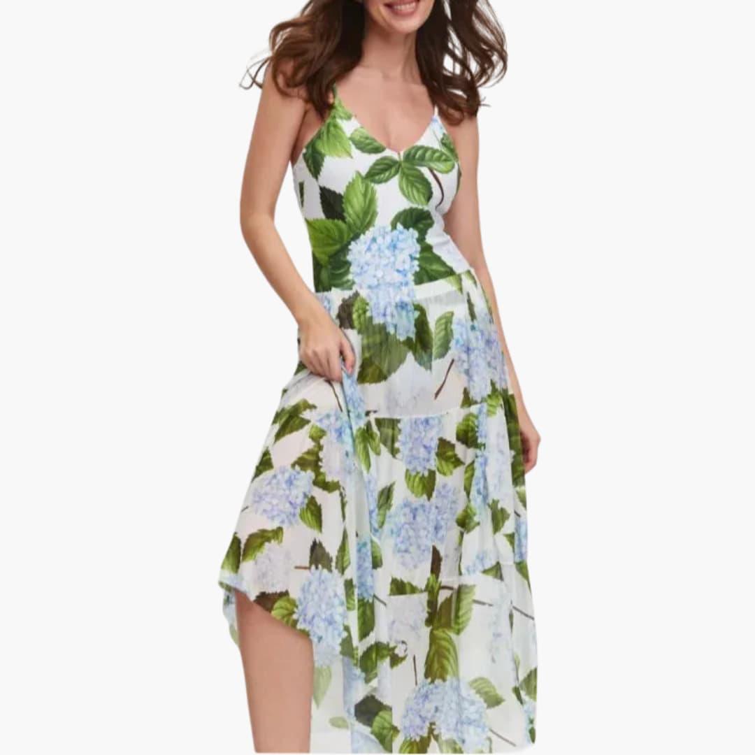 Hermine - Damen Blumenkleid mit Neckholder Weiß & Grün