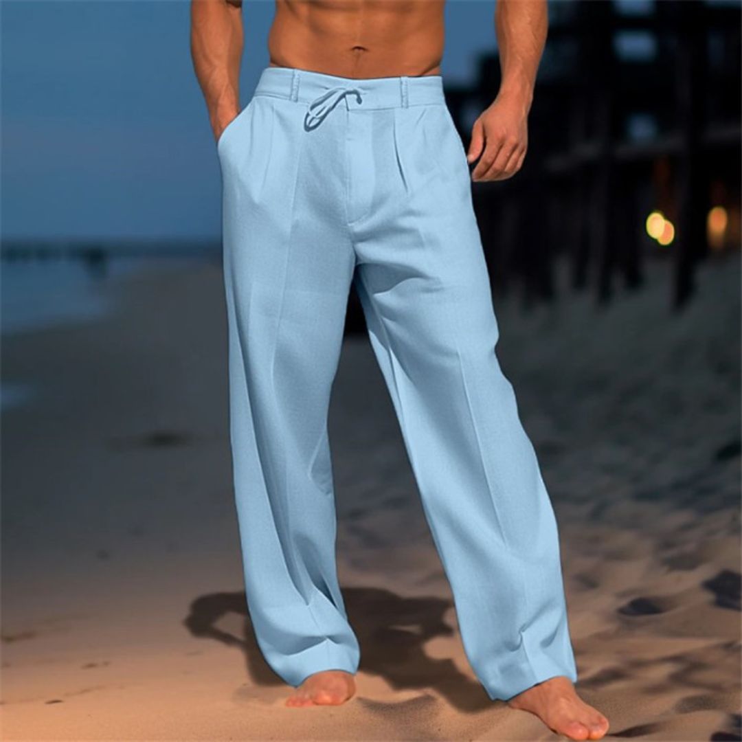 Hildwin – Herren Leinen-Strandhose mit Kordelzug Blau