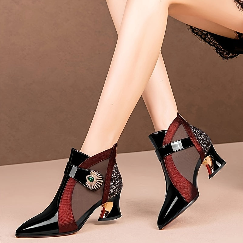 Iduna – Damenstiefel mit Spitze, Blockabsatz & Strass Rotwein