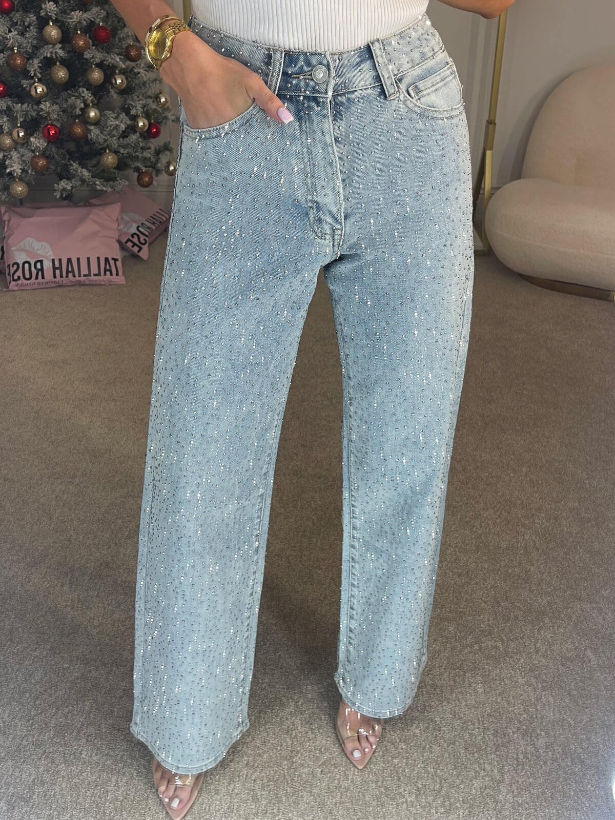 Ilona – Damenjeans Hohe Taille Dunkelblau Glitzer Details 4