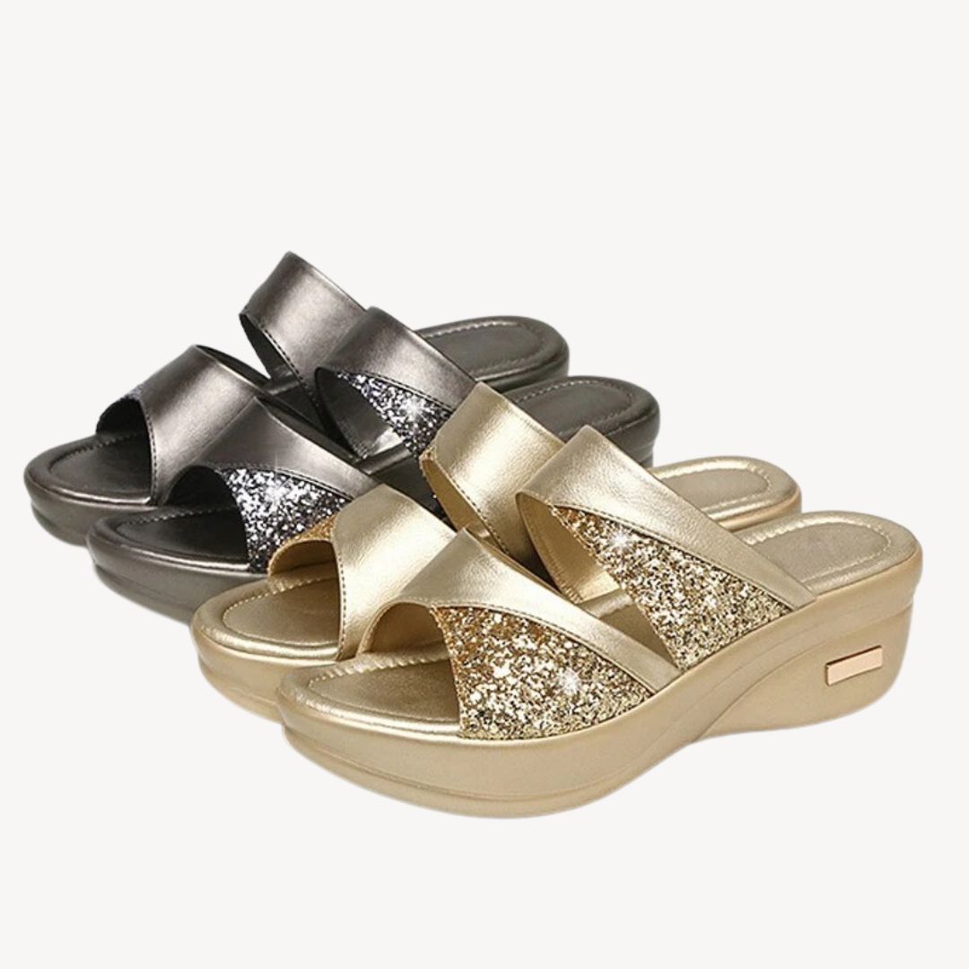 Ilva – Orthopädische Damen-Keilsandalen mit Komfortsohle Silber + Gold