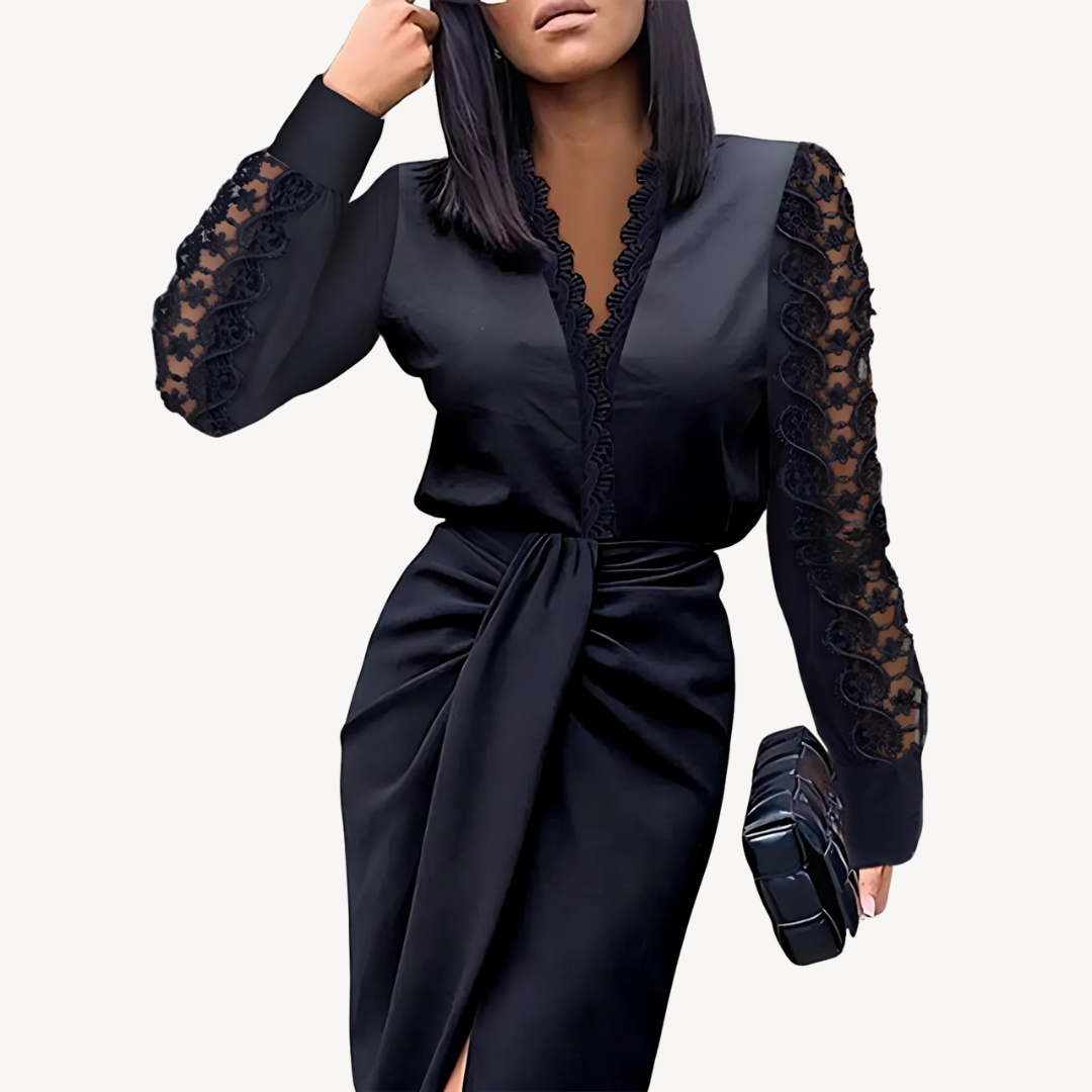 Irena – Damen Wickelkleid mit Ärmeln aus Spitze Schwarz