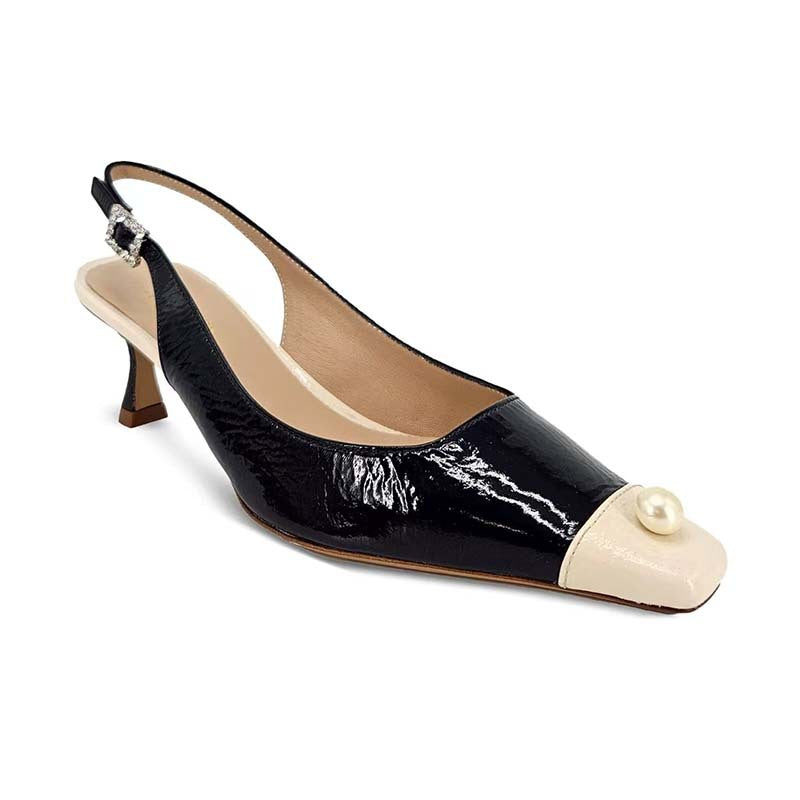 Isidora- Femme Slingback Kitten Heel Pumps mit Perlenakzenten Schwarz und Weiß 3-0-cib-0-cib-0-cib