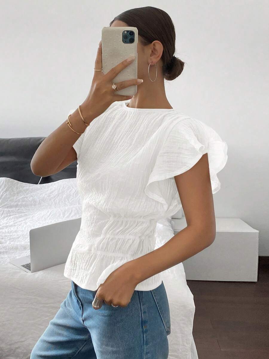 Jasmin – Damen Hemd Einfarbig Geraffte Taille Sommer Strukturiert 3