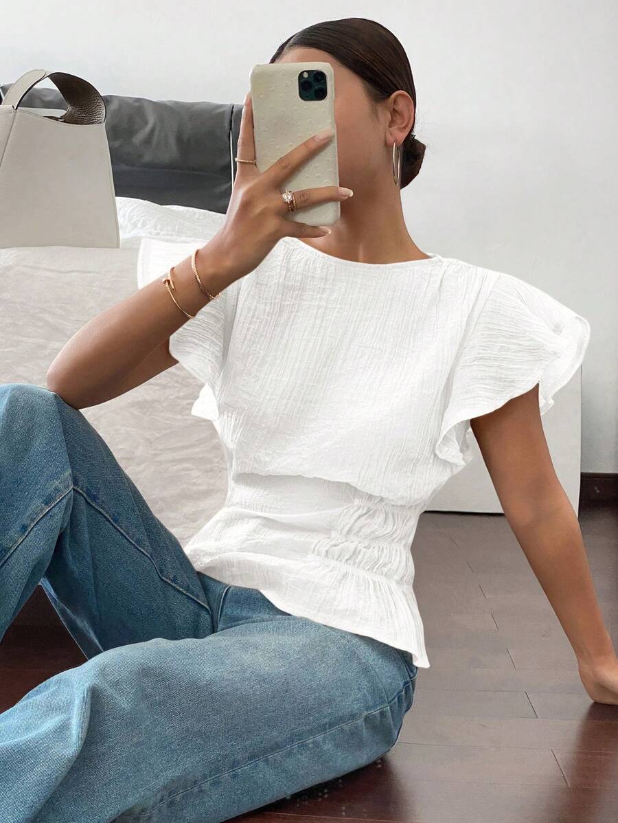 Jasmin – Damen Hemd Einfarbig Geraffte Taille Sommer Strukturiert 4
