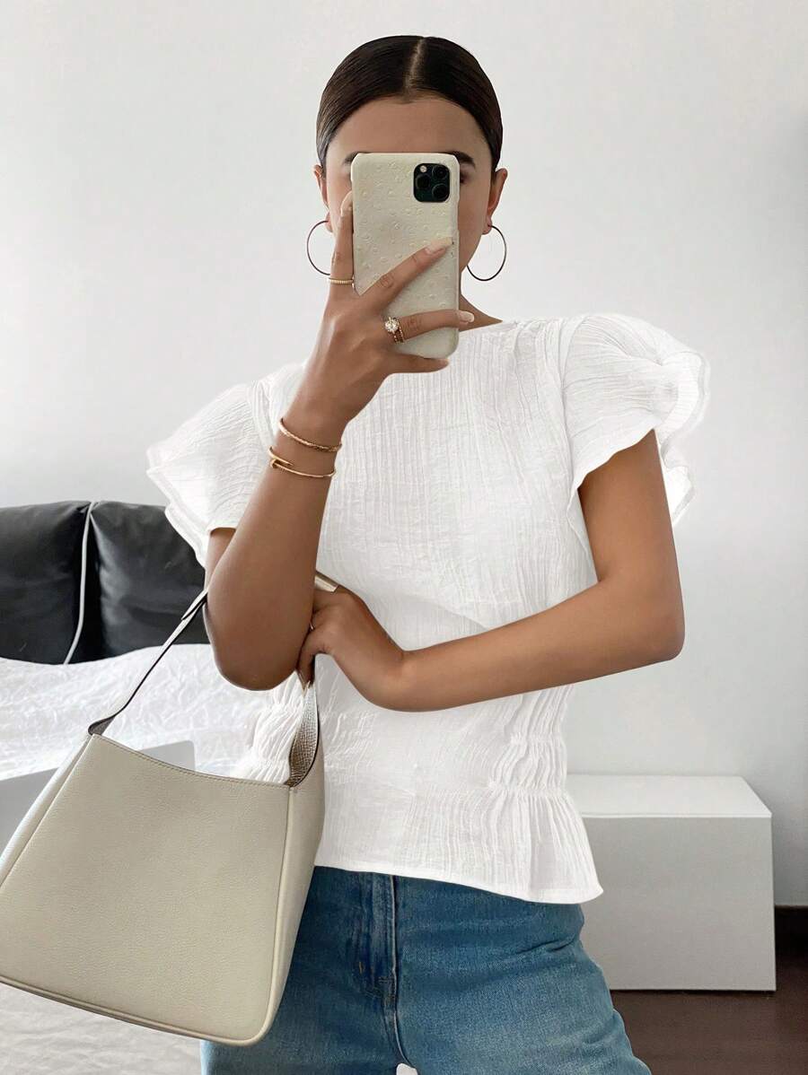Jasmin – Damen Hemd Einfarbig Geraffte Taille Sommer Strukturiert 5