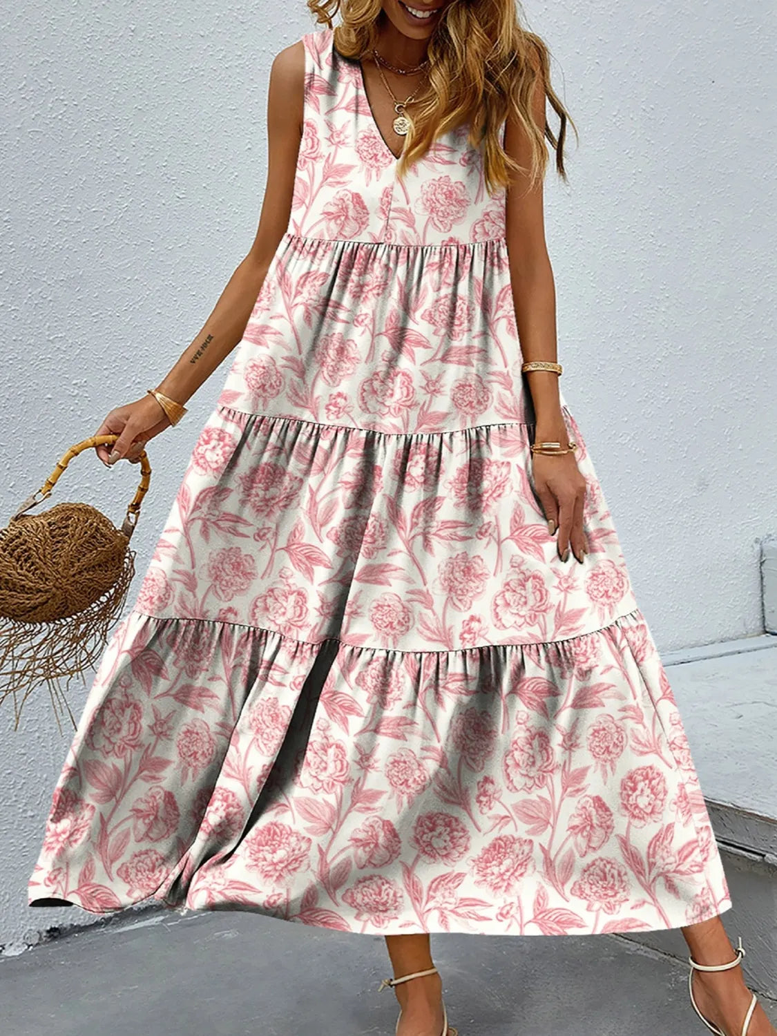 Jemima- Elegantes ärmelloses Maxikleid mit V-Ausschnitt und Blumenmuster Hellrosa