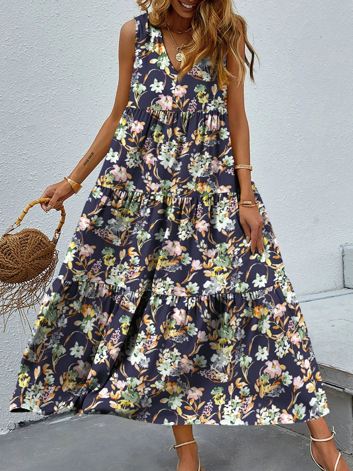 Jemima- Elegantes ärmelloses Maxikleid mit V-Ausschnitt und Blumenmuster Marineblau