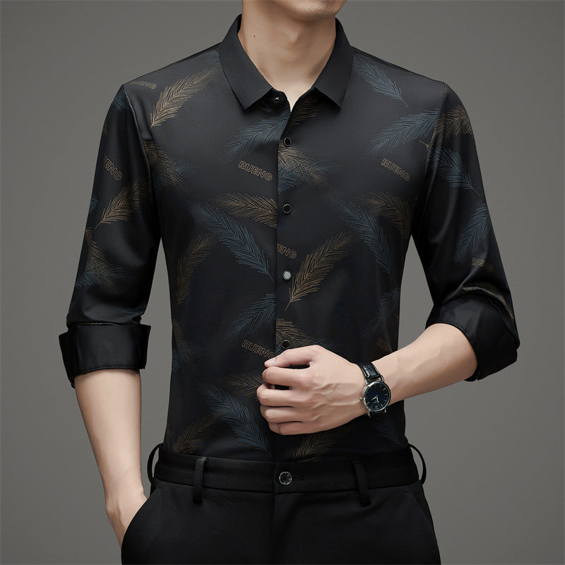 Jeremia – Herren Langarmshirt mit stilvollem Federprint Gelbe Federn