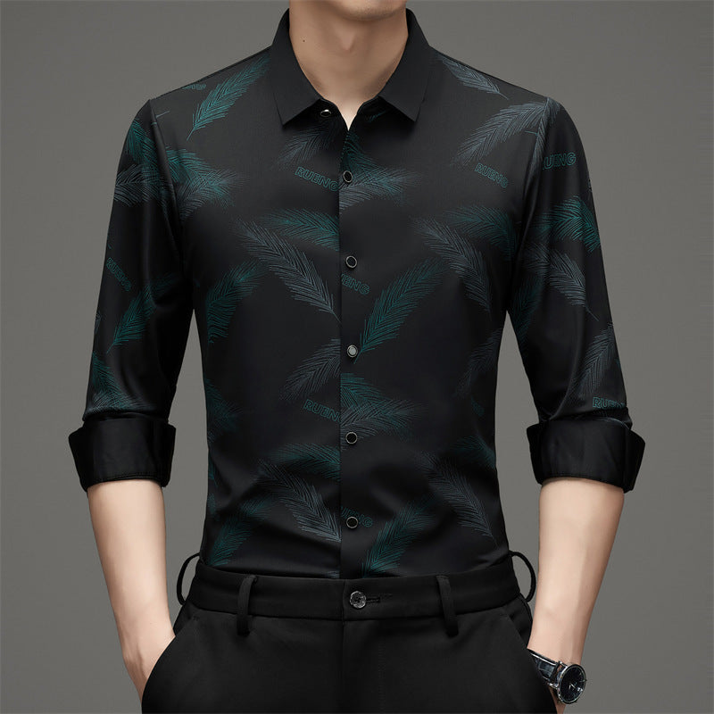 Jeremia – Herren Langarmshirt mit stilvollem Federprint Grüne Federn