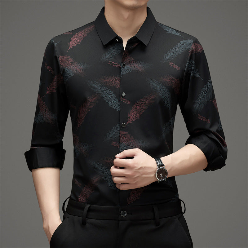 Jeremia – Herren Langarmshirt mit stilvollem Federprint Rote Federn 2