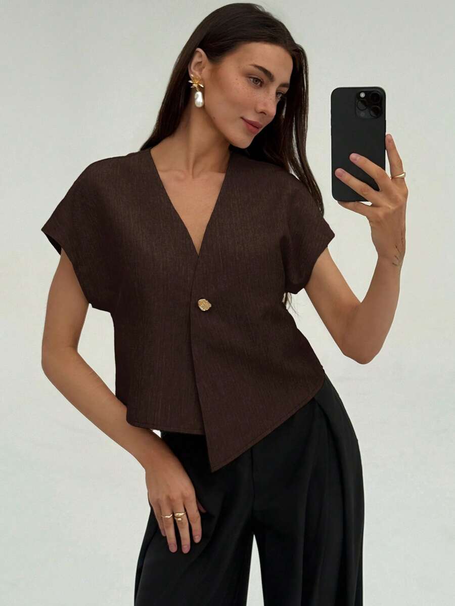 Johanna – Damen Bluse Kurzarm Asymmetrisch Knopfleiste Sommerlook 4
