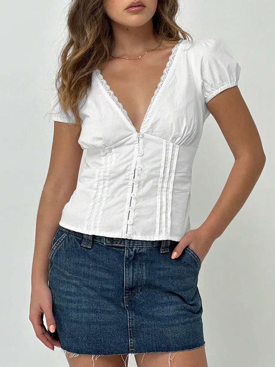 Josefine – Damen Bluse V-Ausschnitt Spitze Puffärmel Modern 4
