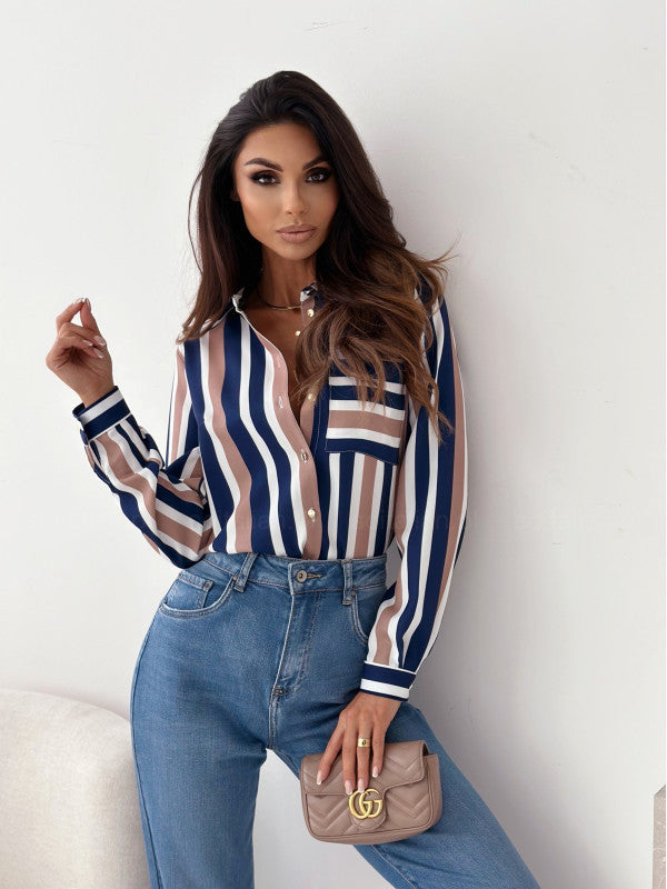 Kamilla - Elegante Damenbluse mit Satindruck Braun Blau