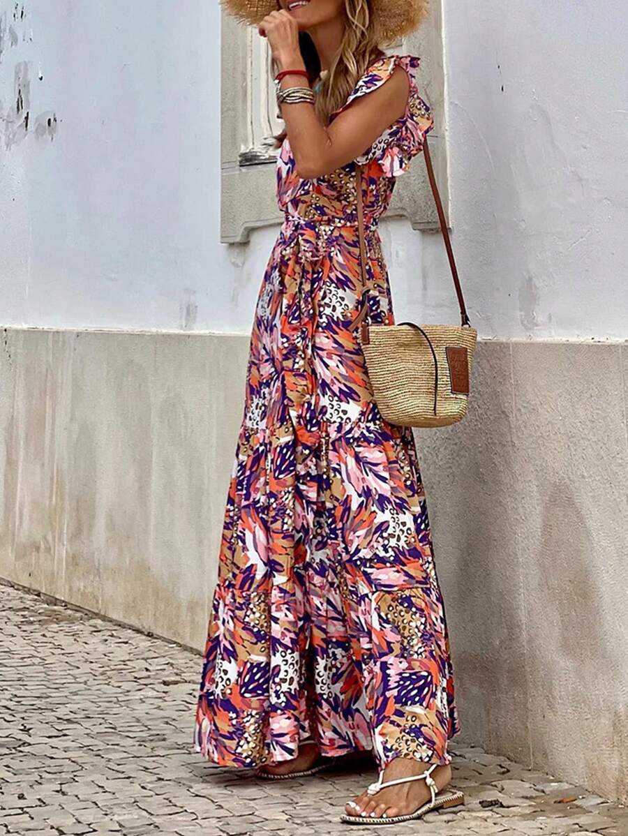 Karina – Damen Sommer Kleid V-Ausschnitt Kurzarm Mit Print 3