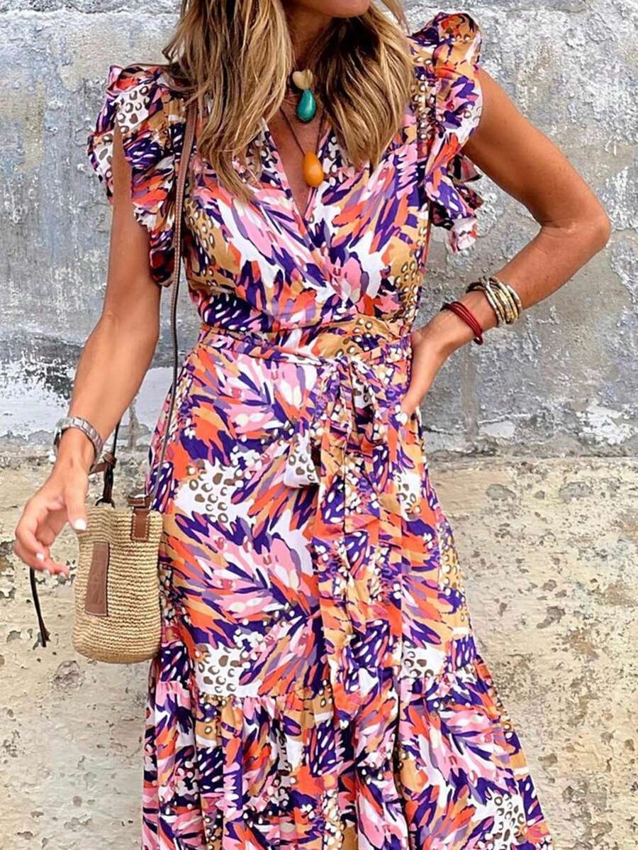 Karina – Damen Sommer Kleid V-Ausschnitt Kurzarm Mit Print 4
