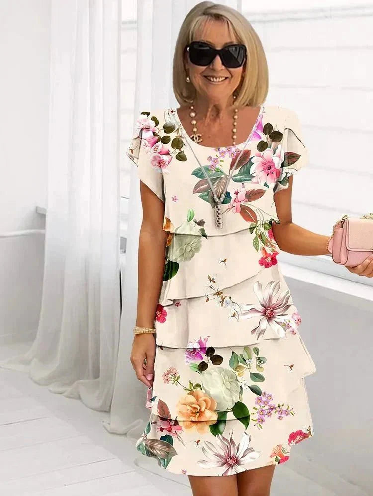 Kathleen- Bedrucktes Boho Midikleid Beige