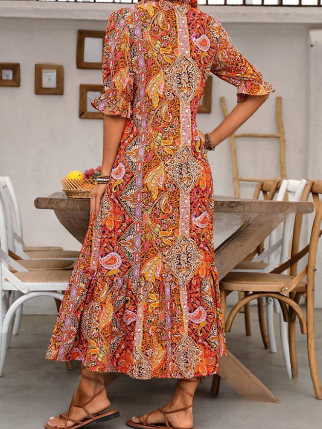 Katja- Bedrucktes Boho Midikleid Orange 2