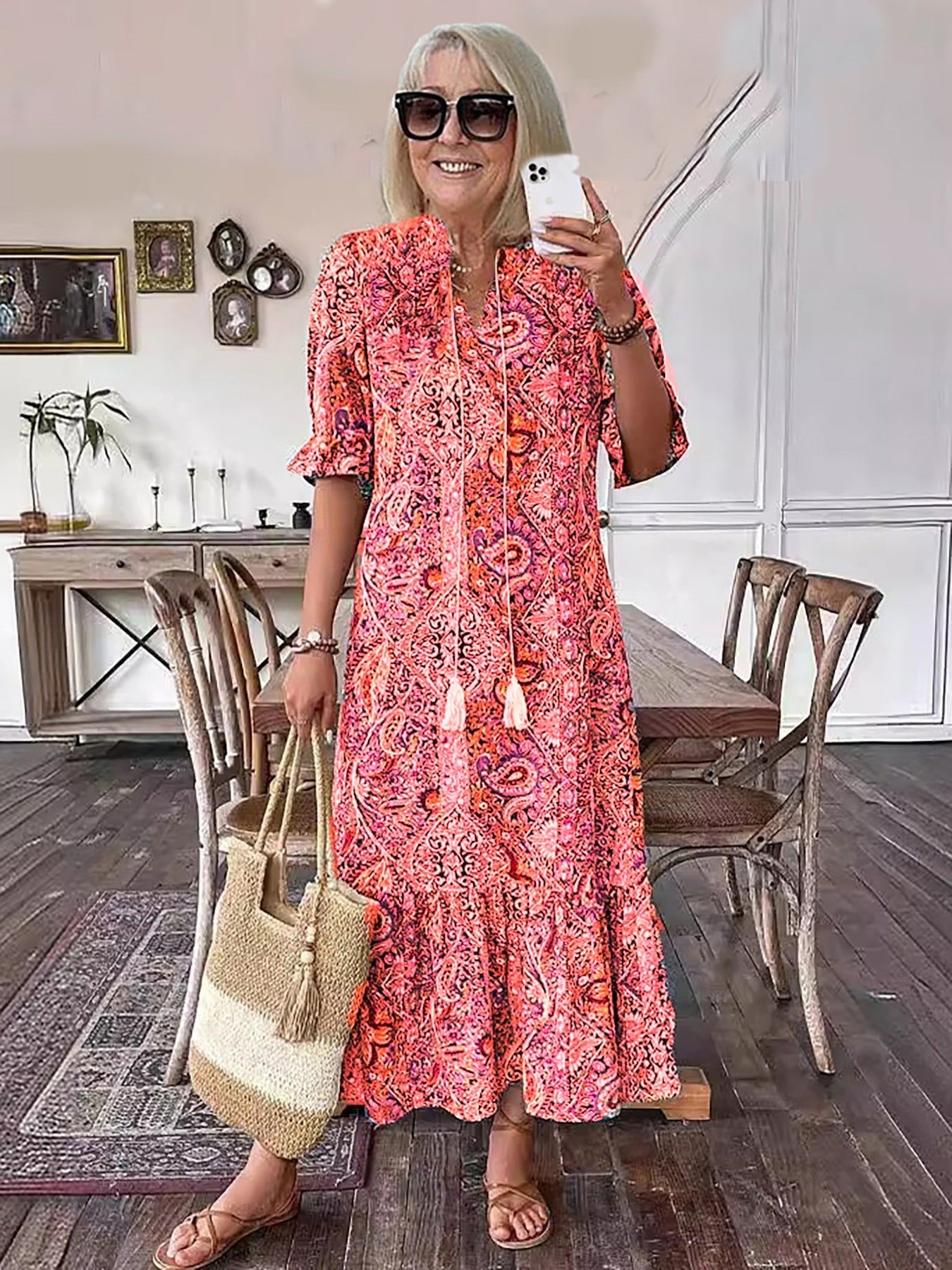 Katja- Bedrucktes Boho Midikleid Rot