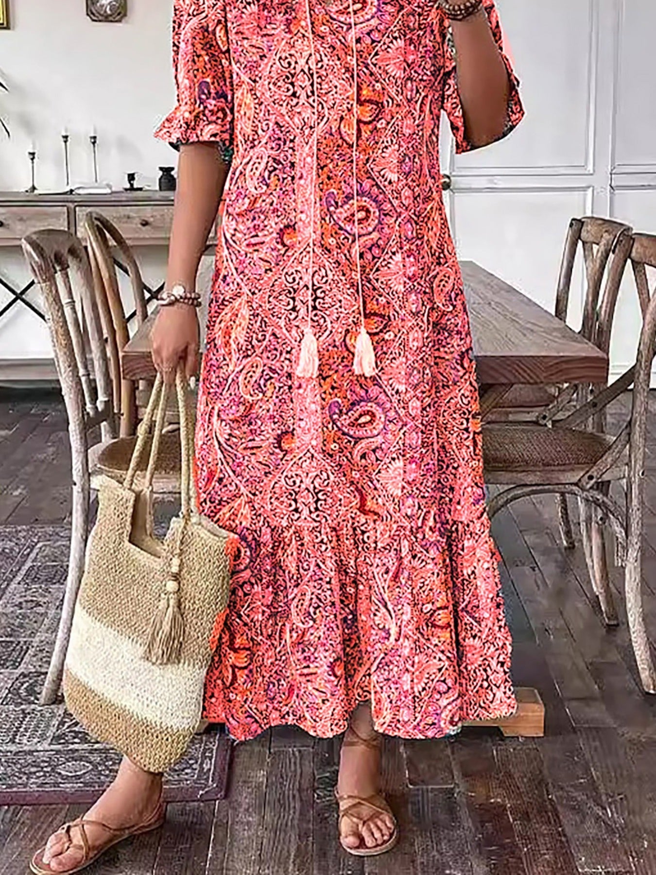 Katja- Bedrucktes Boho Midikleid Rot 1