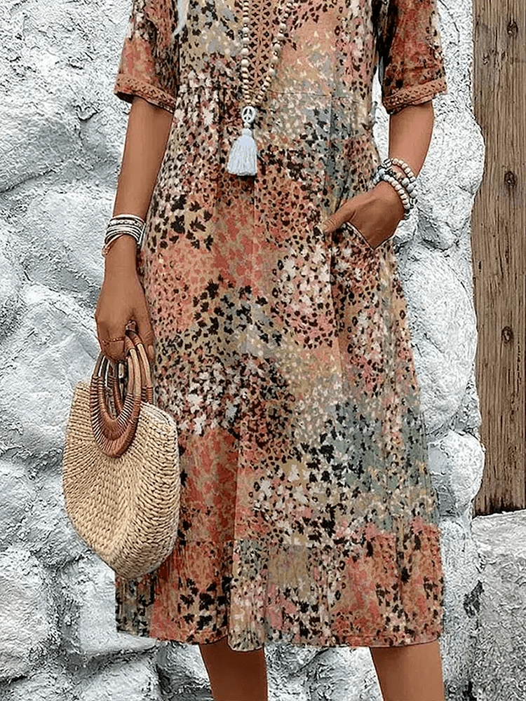 Katrine- Bedrucktes Boho Midikleid Beige 2