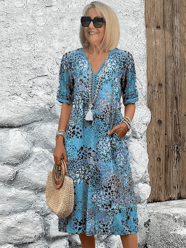 Katrine- Bedrucktes Boho Midikleid Blau