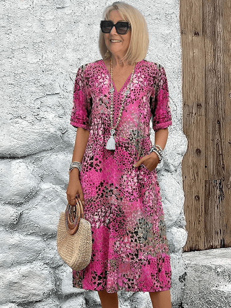 Katrine- Bedrucktes Boho Midikleid Rosa