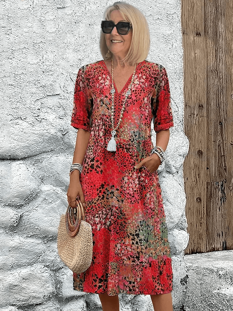 Katrine- Bedrucktes Boho Midikleid Rot
