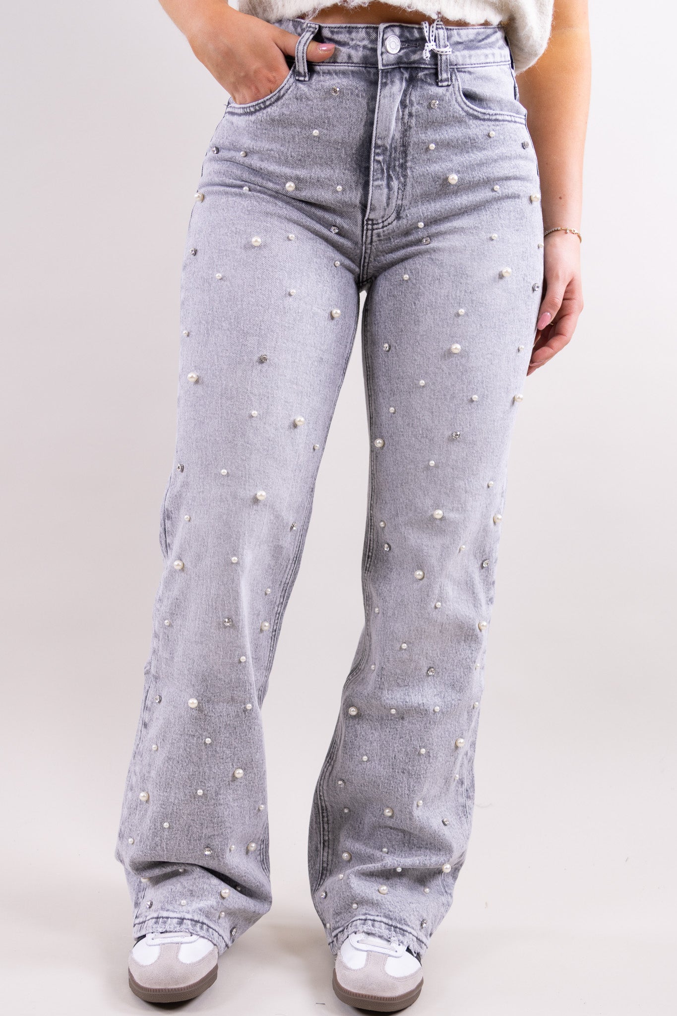 Kerstin - Damen Stretch Jeans mit weitem Bein Hellgrau