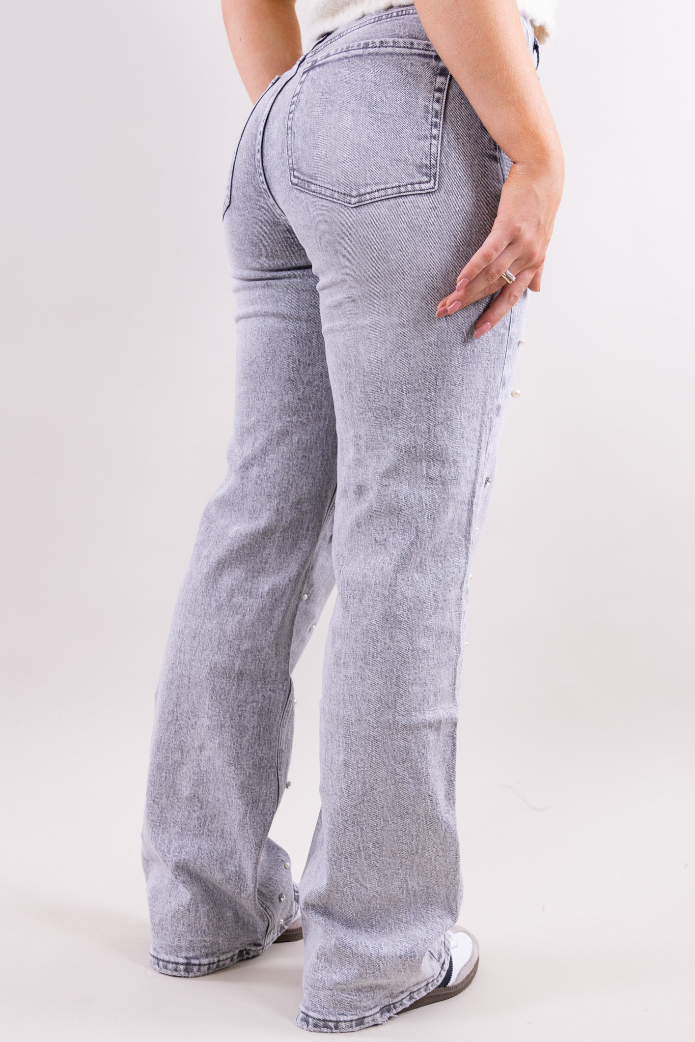 Kerstin - Damen Stretch Jeans mit weitem Bein Hellgrau