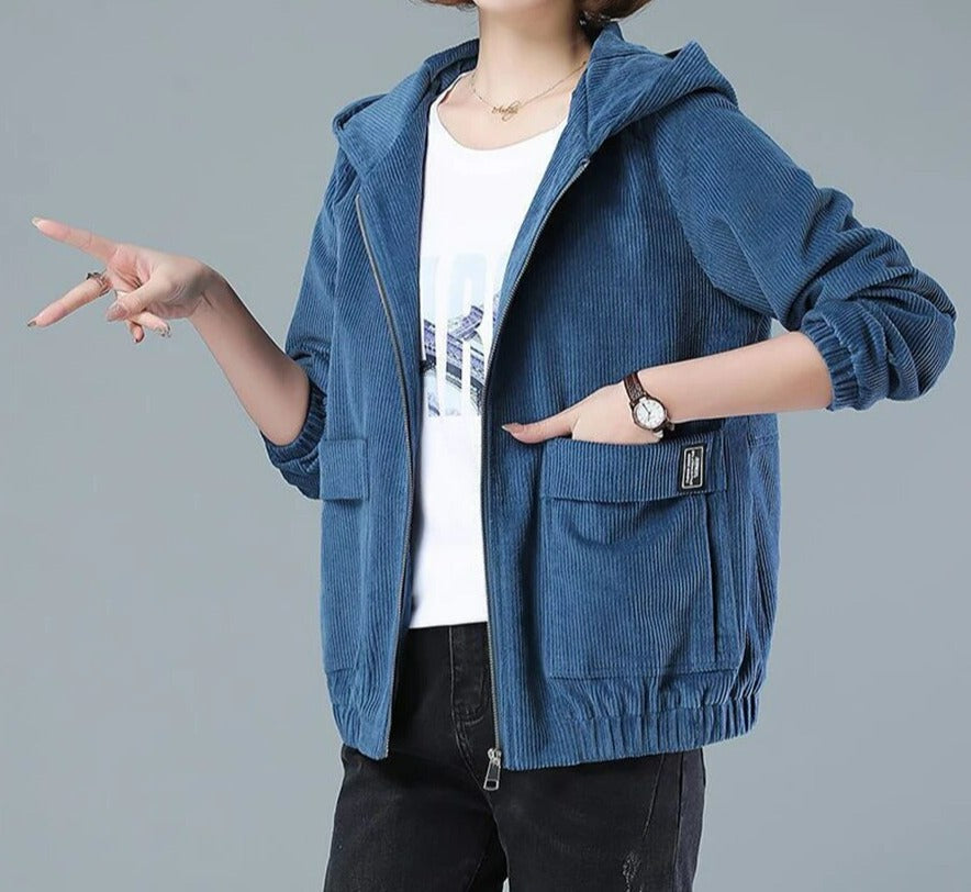Doreen - Damen Zip-Up Kapuzenjacke aus Cord mit großen Taschen