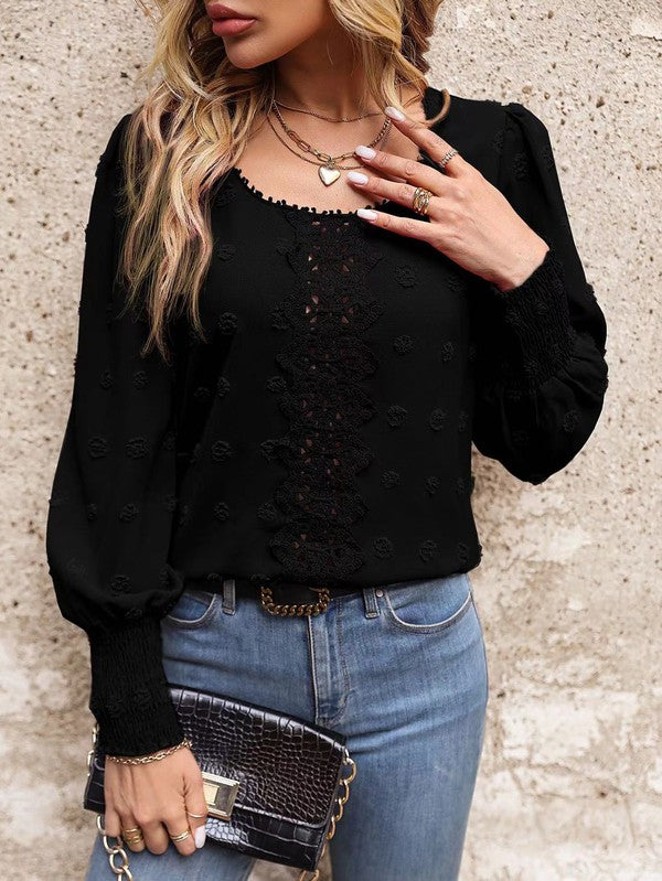 Leah - Elegante Langarmbluse mit Swiss - Schwarz