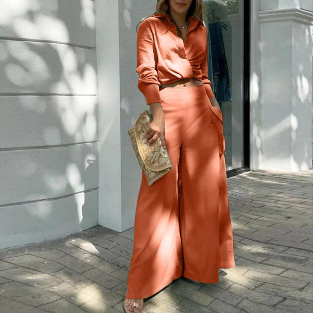 Lila - Elegantes Langarm Crop Top & Hose - Orange