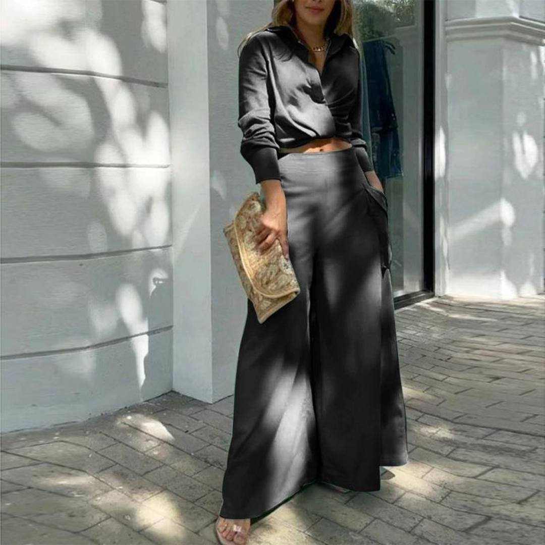 Lila - Elegantes Langarm Crop Top & Hose - Schwarz