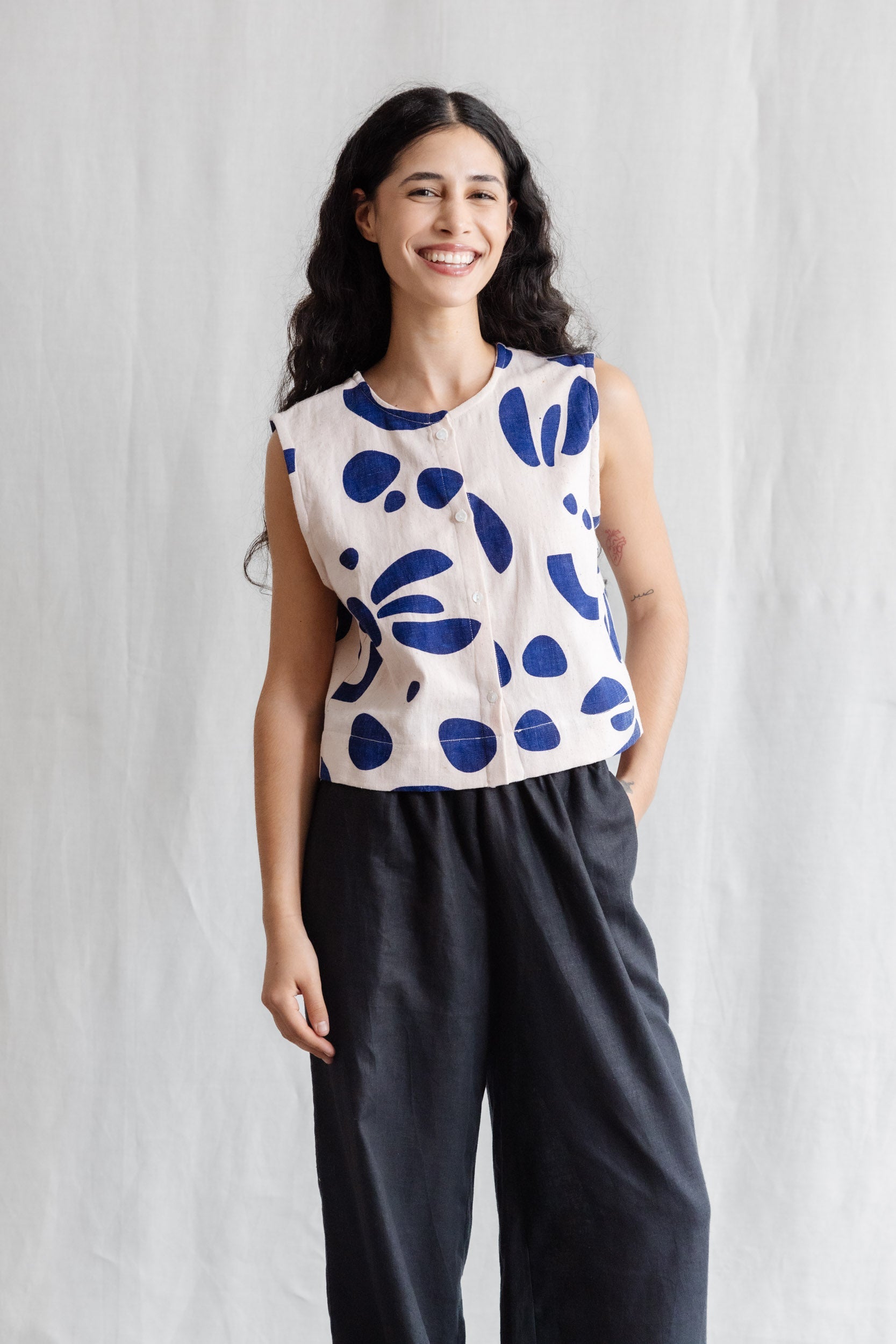 Niamh- Bio Baumwoll Top Diyan Print Atlantik Blockprint Atlantik