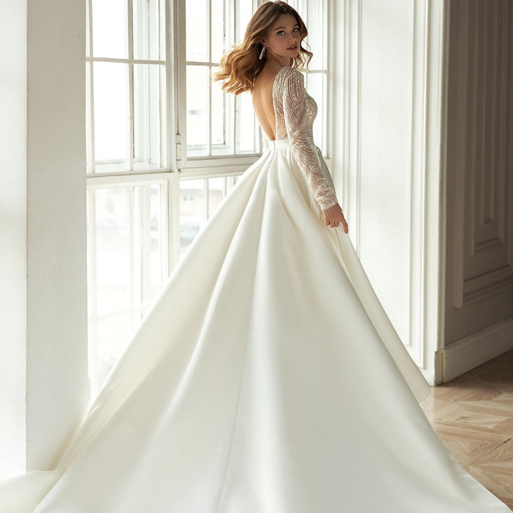 Ester- Damen Hochgeschlossenes Brautkleid mit Spitzenärmeln und Rock
