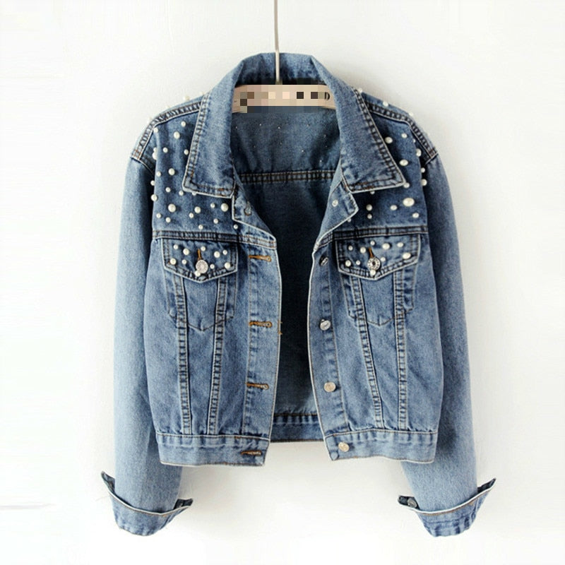 Oriana - Exklusive Jeansjacke mit Perlenverzierung Blau