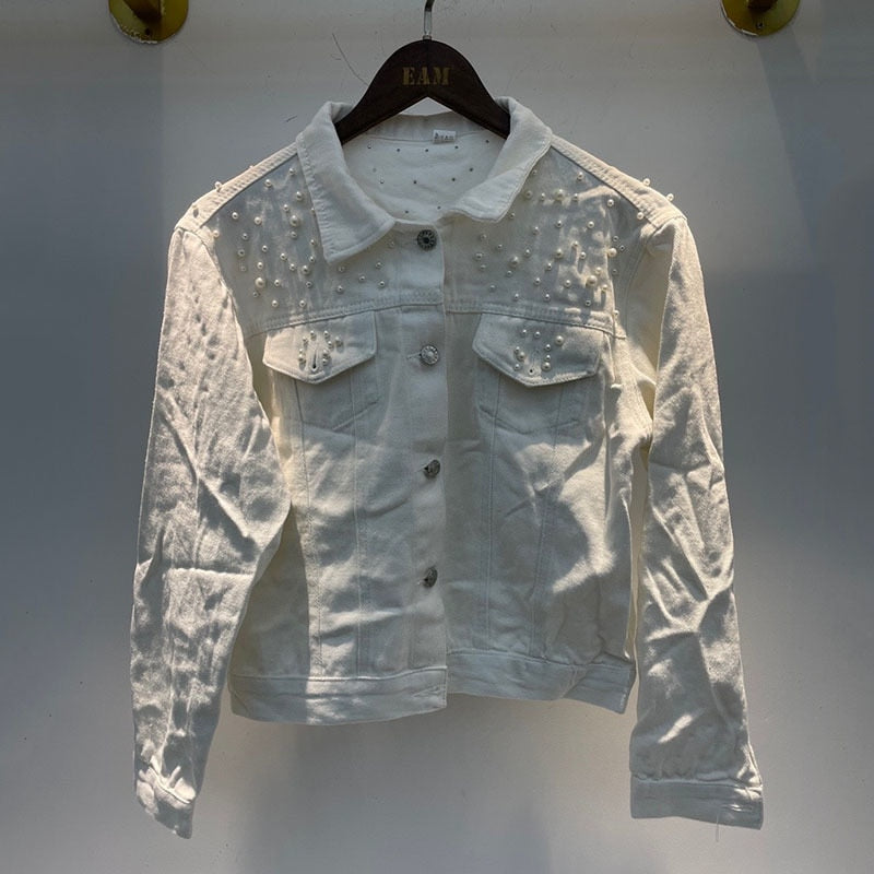 Oriana - Exklusive Jeansjacke mit Perlenverzierung Weiß