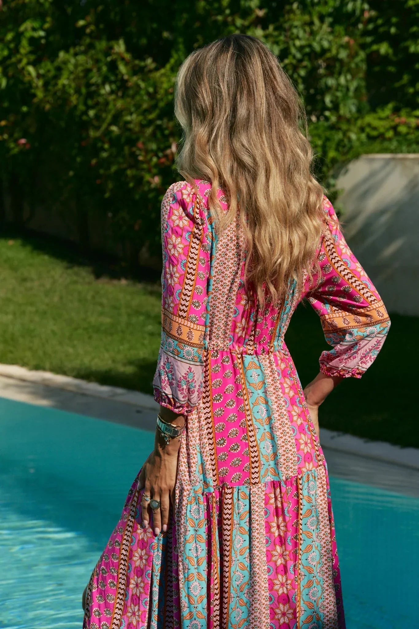 Pia- Boho Maxikleid in Pink mit Patchwork Muster Rosa 4