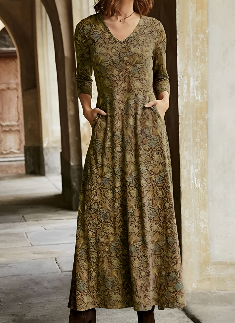 Pia - Langes Kleid Vintage-Muster Braun