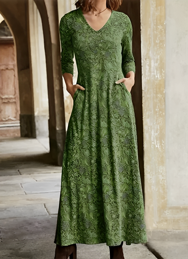 Pia - Langes Kleid Vintage-Muster Grün